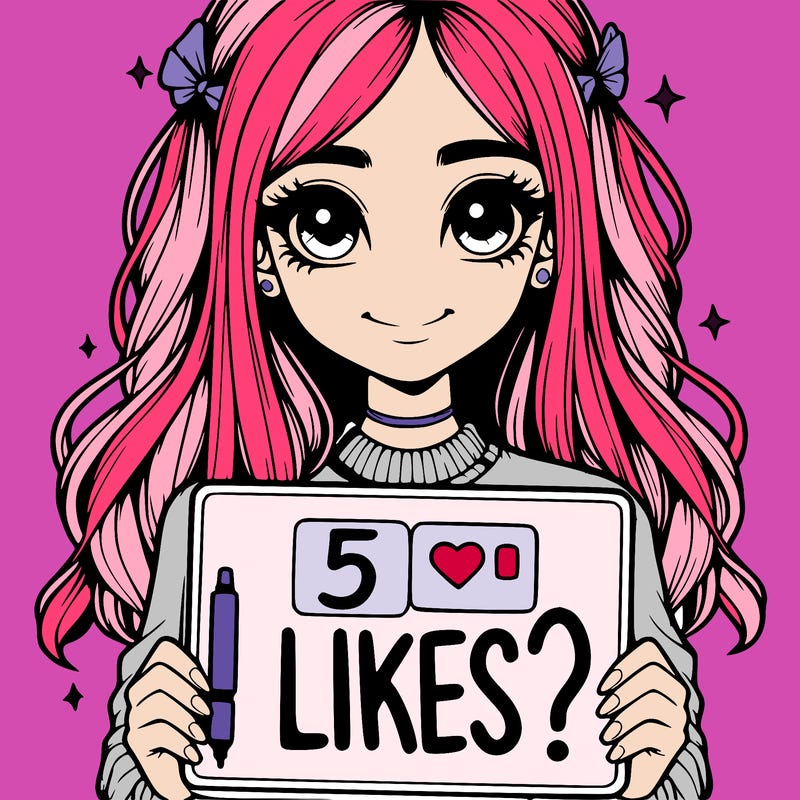 a realistic girl holding a sign that says "5 likes?"