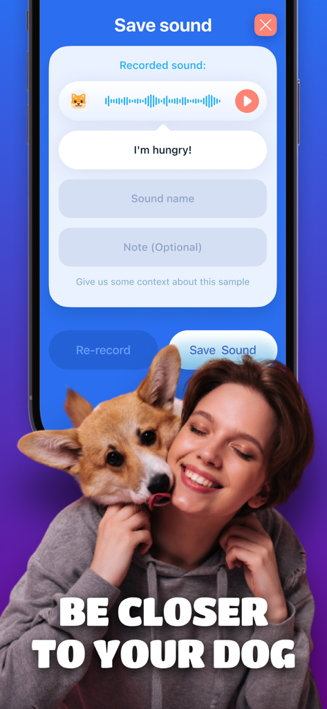 Dog Training – game for dogs - Mobile app interface for recording and saving pet sounds with a woman hugging a dog