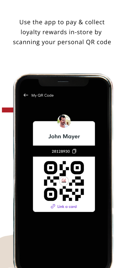 A mobile screen showing a personal QR code in the Gulp Coffee app to pay and collect loyalty rewards in-store.