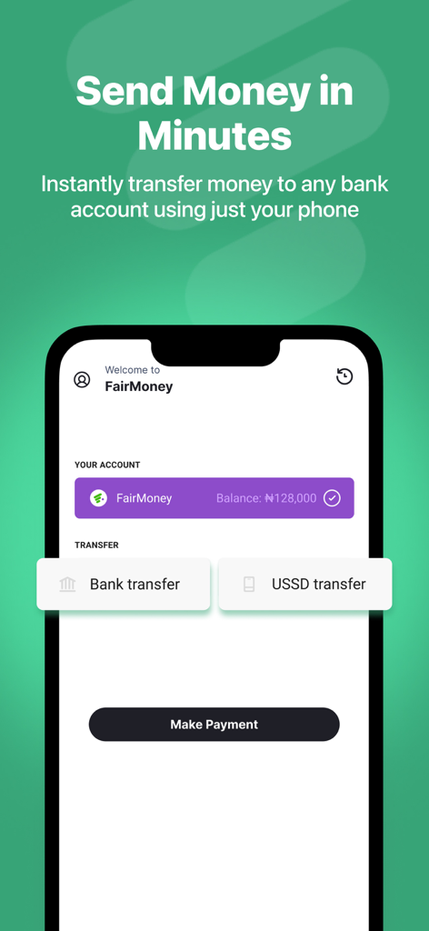 FairMoney mobile app screen showing options for instant bank and USSD transfers to Nigerian accounts