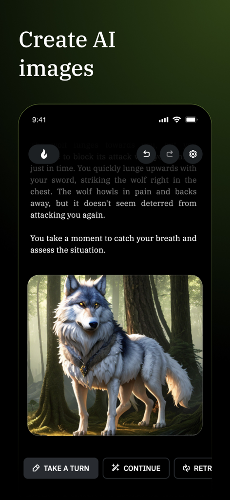 텍스트 스토리와 AI 생성 늑대 이미지를 보여주는 AI 던전의 모바일 스크린샷