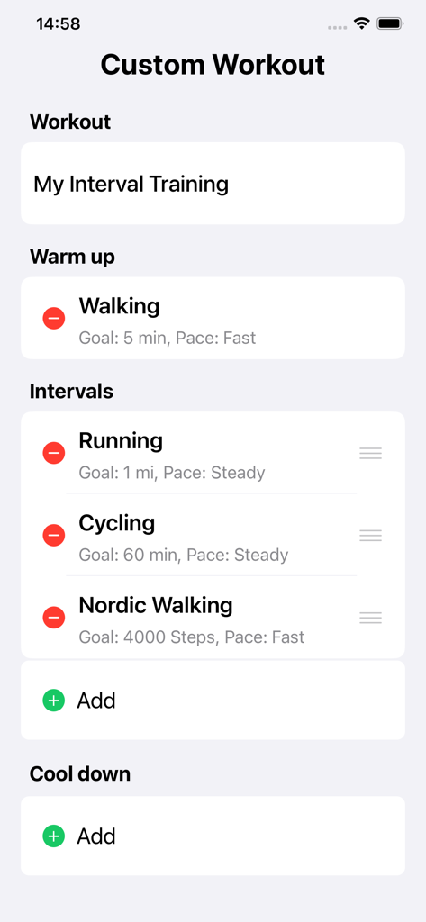 Interface for building a custom interval workout with walking running and cycling goals