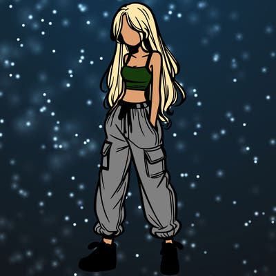 girl in baggy pants crop top and long hair