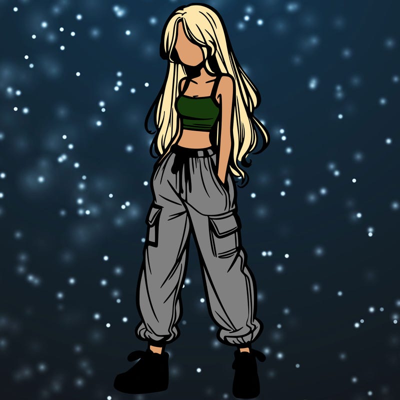 girl in baggy pants crop top and long hair