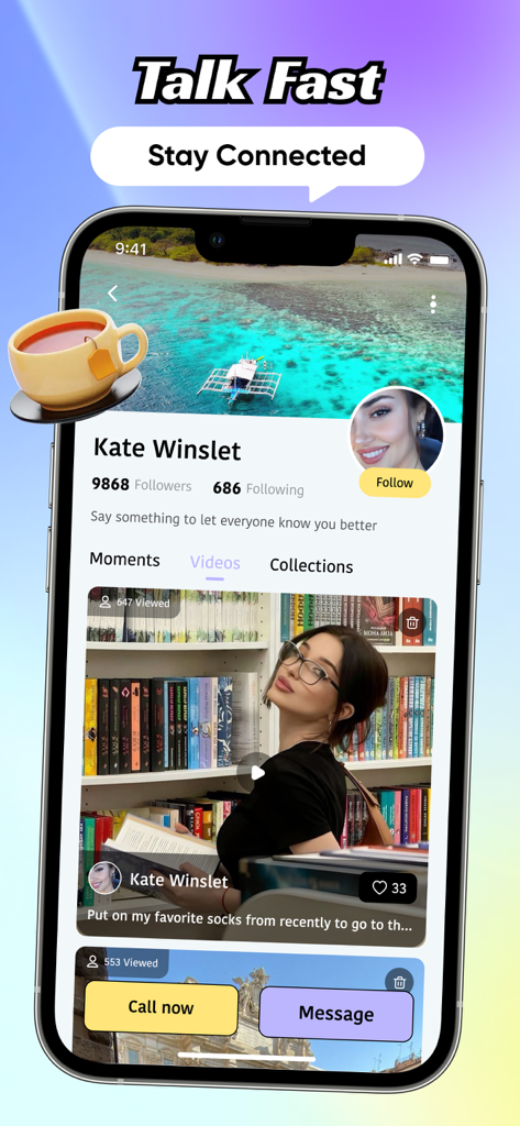 Kula - Video Chat, Meet, Call - Kula social app user profile screen showing video posts with call and message buttons