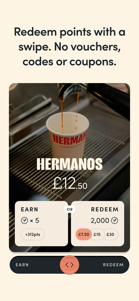 Yonder Rewards Cards - Yonder Rewards app interface displaying options to earn or redeem points for a coffee purchase.