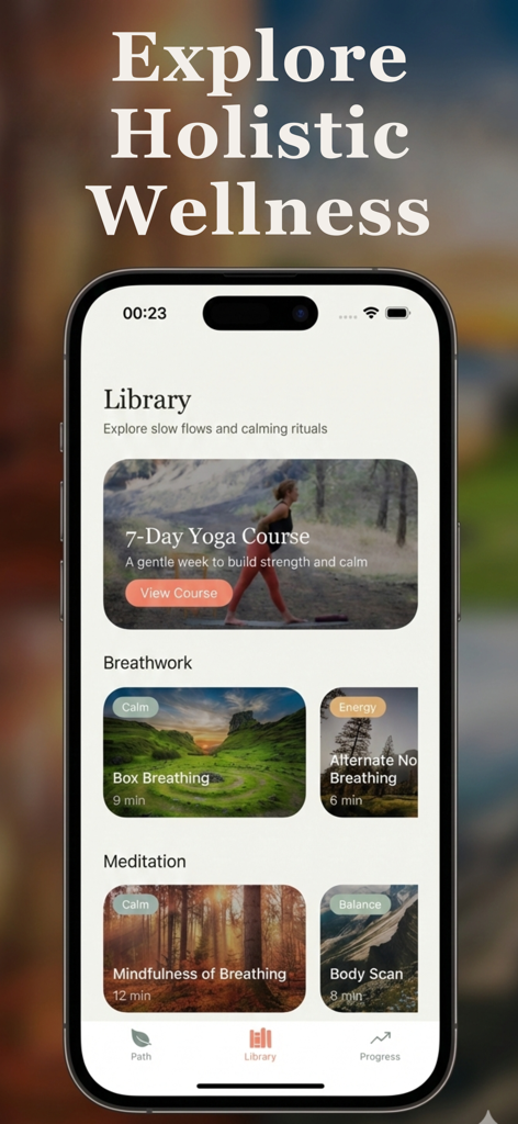 Tai Chi for Beginners: Flow - Smartphone displaying the library screen of a wellness app with yoga, breathwork, and meditation sessions.