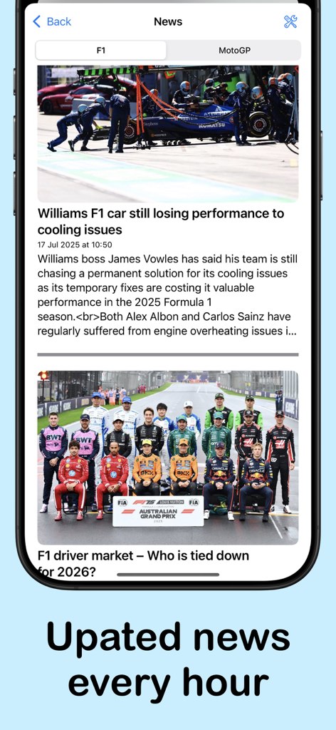 Formula Tracker - The news section of the Formula Tracker app featuring Formula 1 and MotoGP headlines with hourly updates.