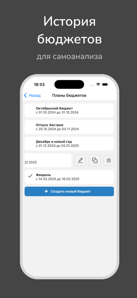 Captura de tela do aplicativo Money Planner exibindo uma lista de diferentes planos de orçamento, incluindo orçamentos mensais e um orçamento de férias.
