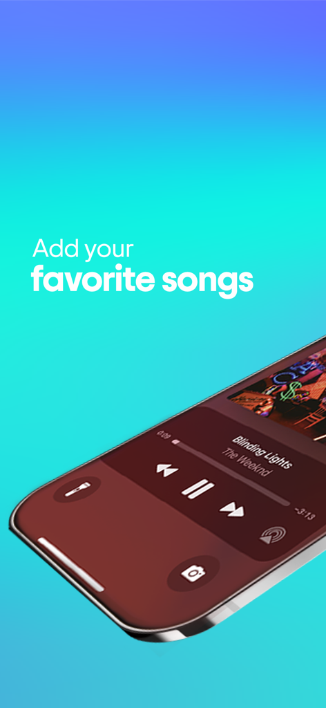 Interface do aplicativo eBeat music player em um iPhone mostrando a faixa Blinding Lights de The Weeknd e o texto Adicione suas músicas favoritas.