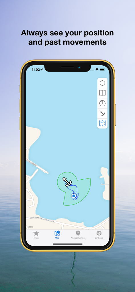Anchor Pro - Écran de l'application Anchor Pro montrant la position du bateau et l'historique des déplacements sur une carte.