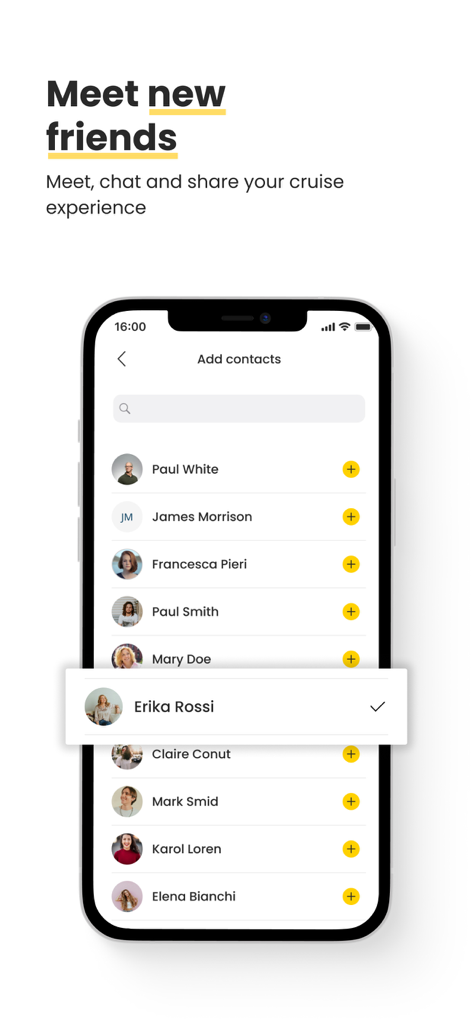 Costa Cruises - Schermata di smartphone che mostra l'elenco dei contatti dell'app Costa Cruises per incontrare e chattare con altri viaggiatori.
