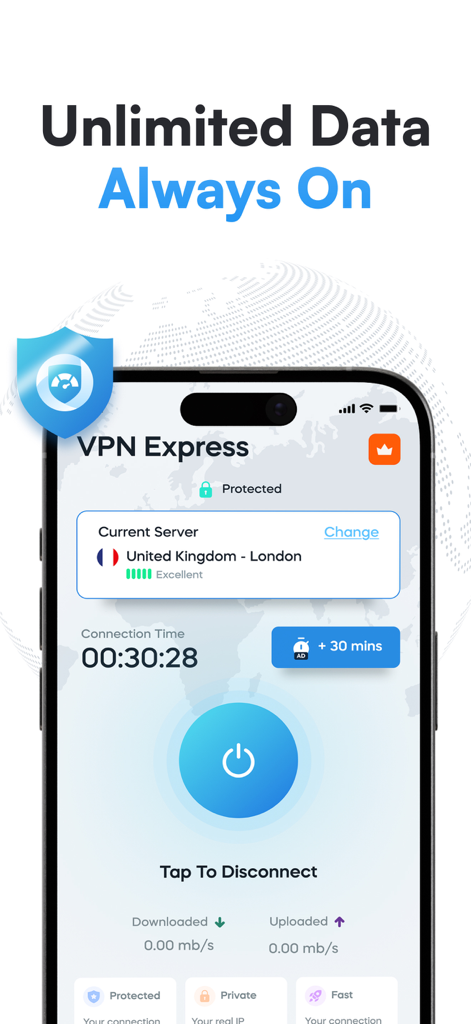 VPN Express app interface showing an active secure connection to a London server with unlimited data
