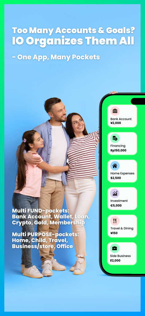 My InOut - Interface do aplicativo My InOut mostrando o sistema multi-pocket para organizar contas bancárias, investimentos e despesas de negócios.