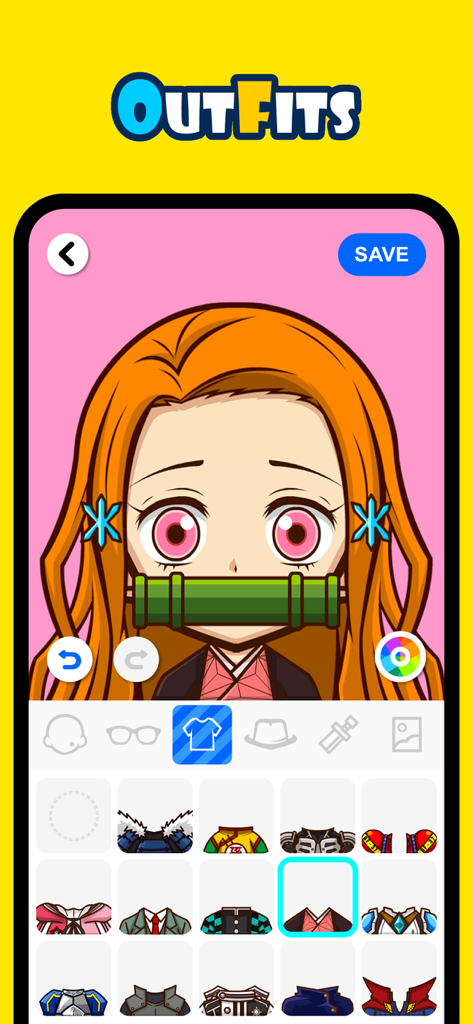 SuperMe-Avatar Maker Creator - Interfaz de la aplicación SuperMe que muestra opciones de personalización de atuendos para personajes de anime.