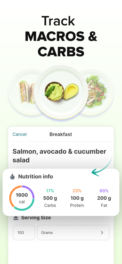 ‎Calorie Counter: Food Tracker - Tela de um aplicativo móvel mostrando informações nutricionais e rastreamento de macros para uma refeição