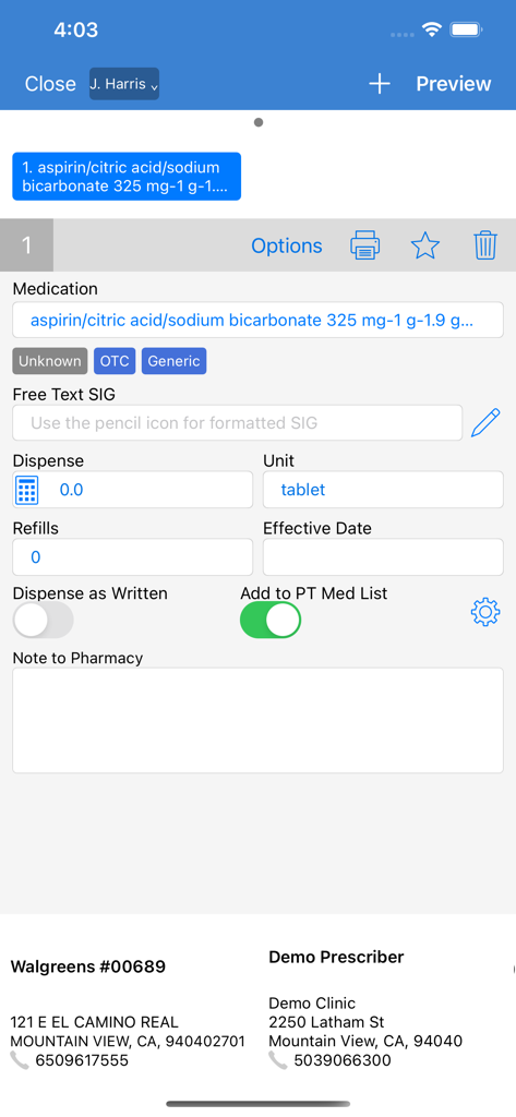 DrChrono EHR / EMR - Electronic prescription interface in DrChrono EHR app showing medication details and pharmacy information.