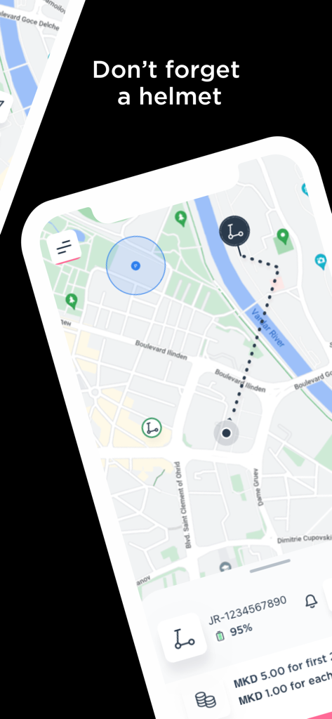 Vista de mapa en la aplicación e-Enjoy que muestra las ubicaciones de los patinetes y la duración de la batería