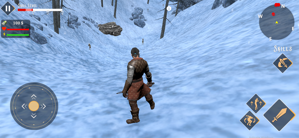 Undead: Sword Fighting Games - A third person view of a warrior in a snowy mountain environment from the game Undead Sword Fighting Games