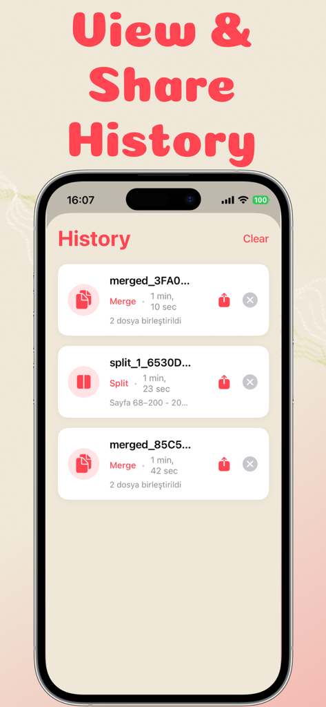 PDF 병합 및 분할 도구 앱의 기록 화면, 병합 및 분할된 문서 목록 표시