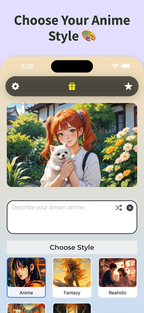 AI Anime Art Generator App - スタイル選択オプションとアニメアートワークのプレビューを示すAIアニメアートジェネレーターアプリのインターフェースのスクリーンショット。