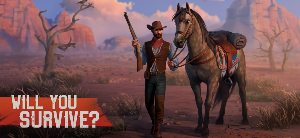 A cowboy holding a rifle walking with a grey horse in a desert canyon landscape with the text Will You Survive