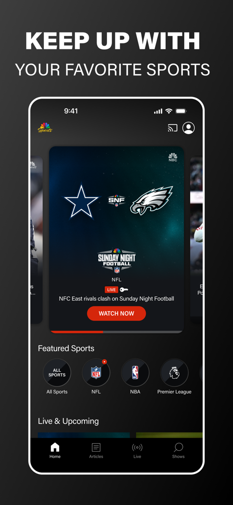 NBC Sports - Interface do aplicativo NBC Sports mostrando um jogo ao vivo da NFL Sunday Night Football entre Cowboys e Eagles