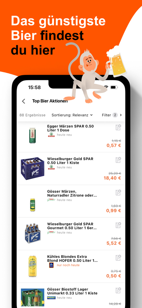 Una lista de promociones y descuentos de cerveza en la aplicación Aktionsfinder para varios supermercados austriacos