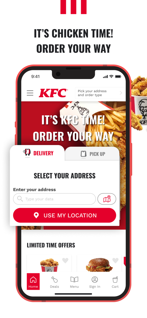 KFC Barbados - Mobile phone showing the KFC Barbados app delivery address selection screen with limited time food offers.