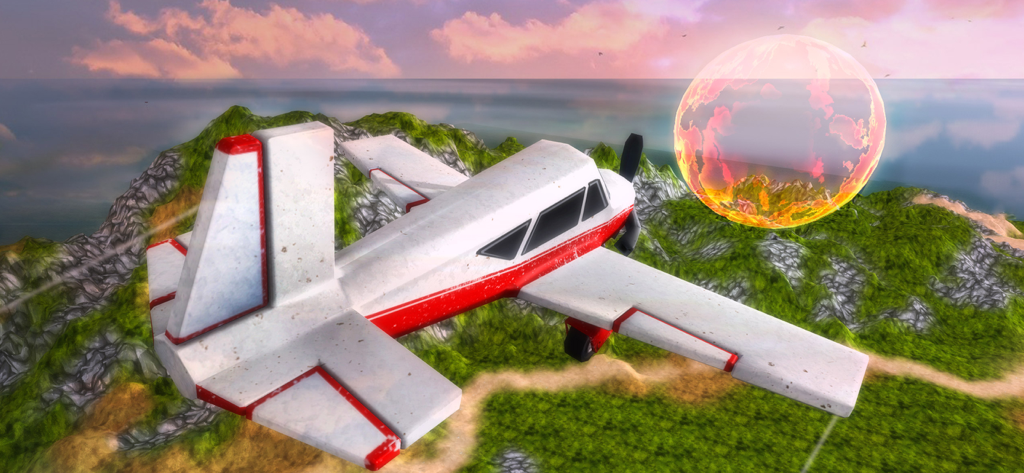 A white and red airplane flying through a glowing ring checkpoint over a 3D island landscape.