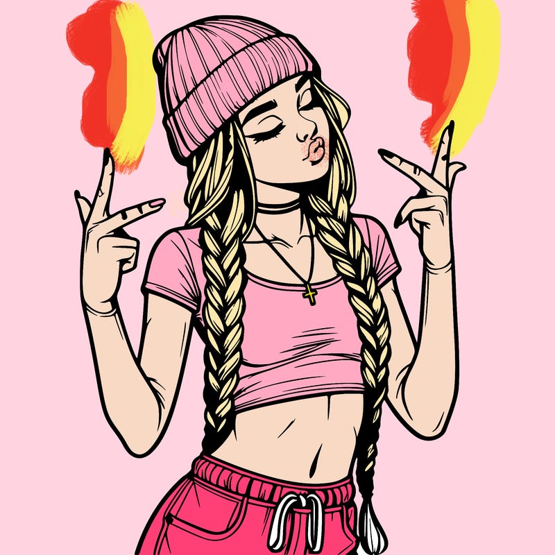realistic teenage girl with braids and a beanie and crop top doing 🫶🏼