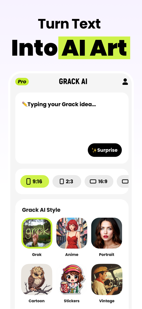 Grack AI : AI Photo Generator - Grack AI app interface showing text to art generation tool with aspect ratio and style options