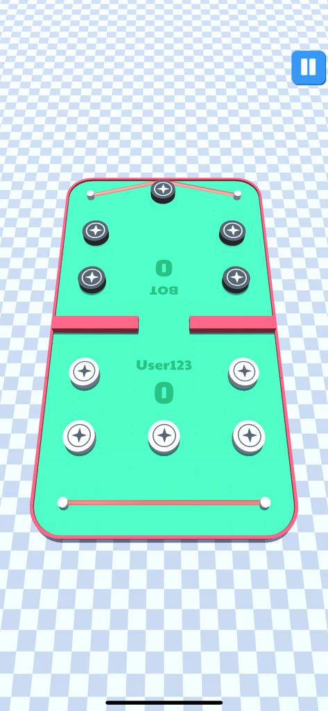 Sling Puck 3D Disk Battle Game - A top-down view of the green Sling Puck 3D game board with white and black pucks during a match against a bot.