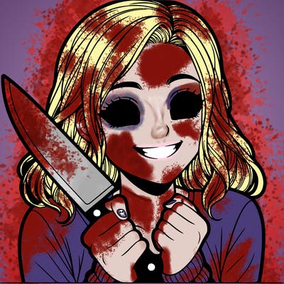 a realistic girl holding a knife and grinning