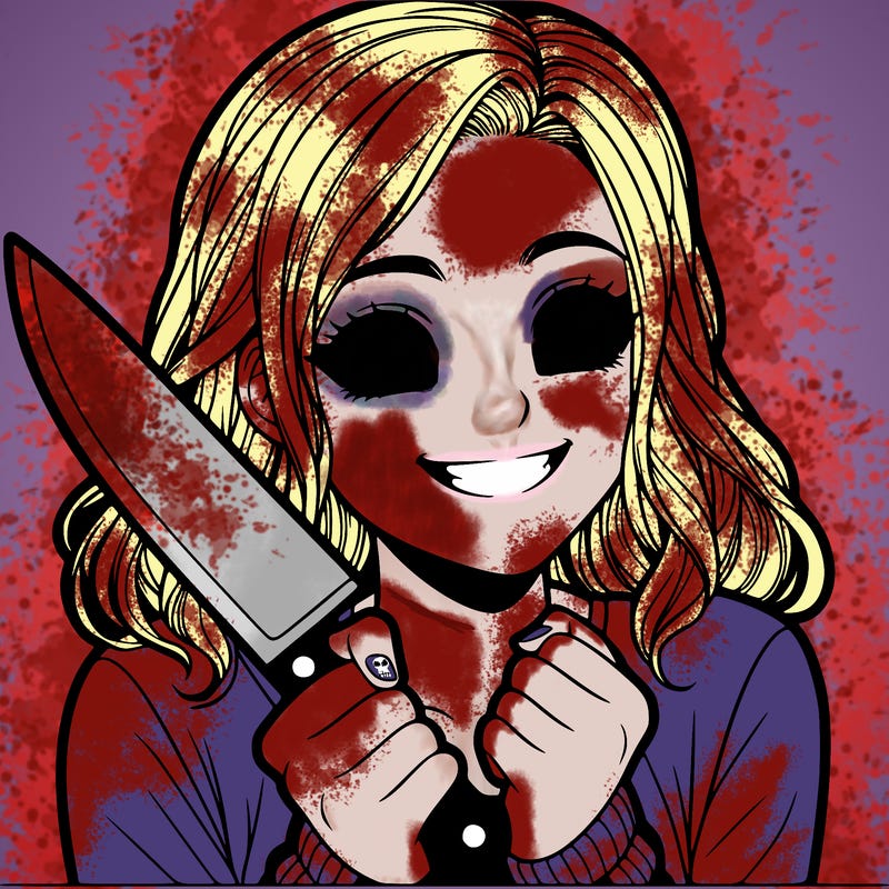 a realistic girl holding a knife and grinning