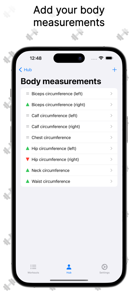 Workouts Gym Diary - Workouts Gym Diary app screen for tracking body measurements like biceps and waist circumference with progress indicators