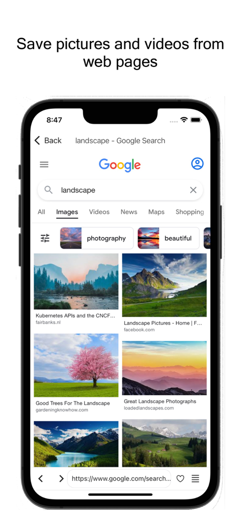 FetcherX Bookmarks - Smartphone screen showing FetcherX app interface saving landscape images from a web search