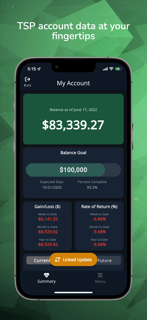 Daily TSP - Daily TSP app screenshot showing account balance summary and savings goal progress