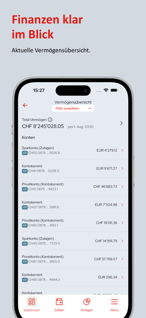 Tela de visão geral de ativos do aplicativo móvel Regiobank exibindo saldos de conta e riqueza total em um iPhone