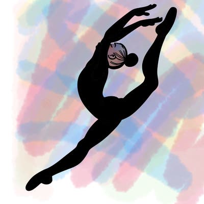 gymnast doing a leap in a leotard with a bent back leg