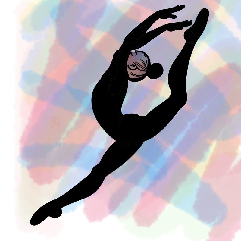 gymnast doing a leap in a leotard with a bent back leg