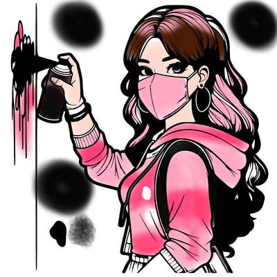 realistic girl with mask spray painting a wall