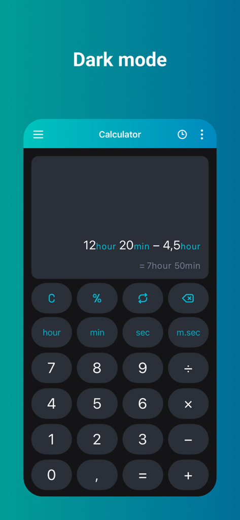 Time Calculator app interface in dark mode showing a subtraction calculation of hours and minutes.
