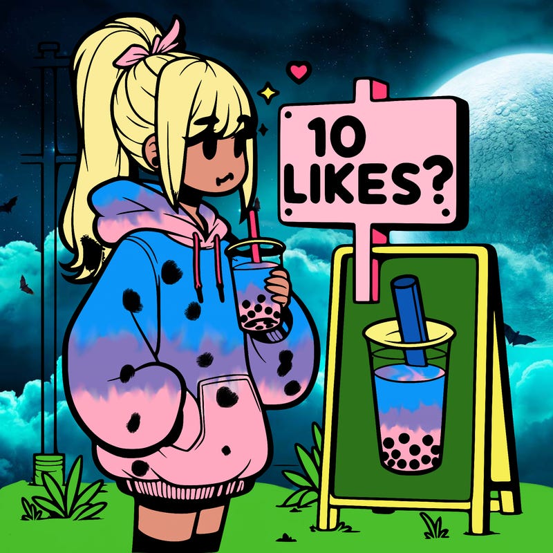 girl with oversized hoodie drinking boba and she has a high ponytail with a sign that says 10likes?