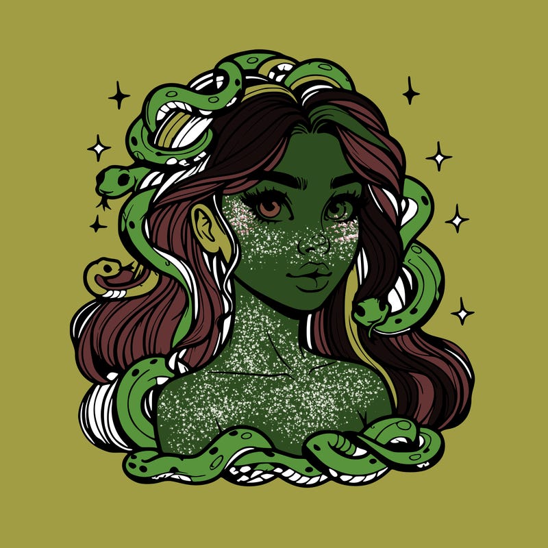 realistic girl with snakes as hair