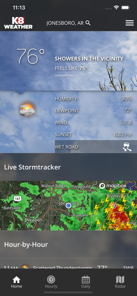 Interface of the KAIT Region 8 Weather app displaying weather details for Jonesboro AR including a live stormtracker radar map.
