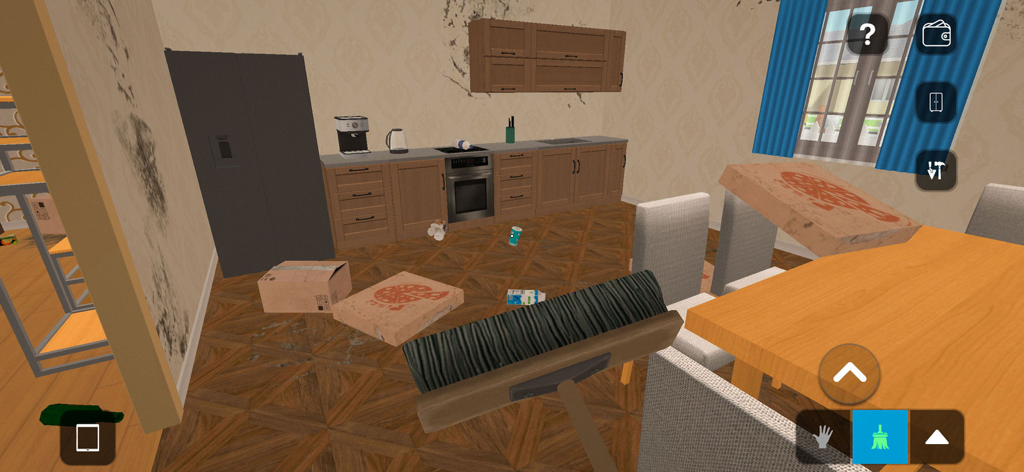 Nettoyage d'une cuisine sale avec un balai dans House Designer