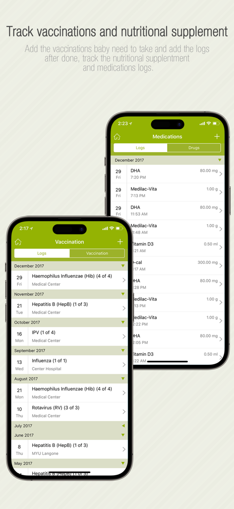 Mobile app interface of Babycare Tracker showing detailed history logs for baby vaccinations and nutritional supplements