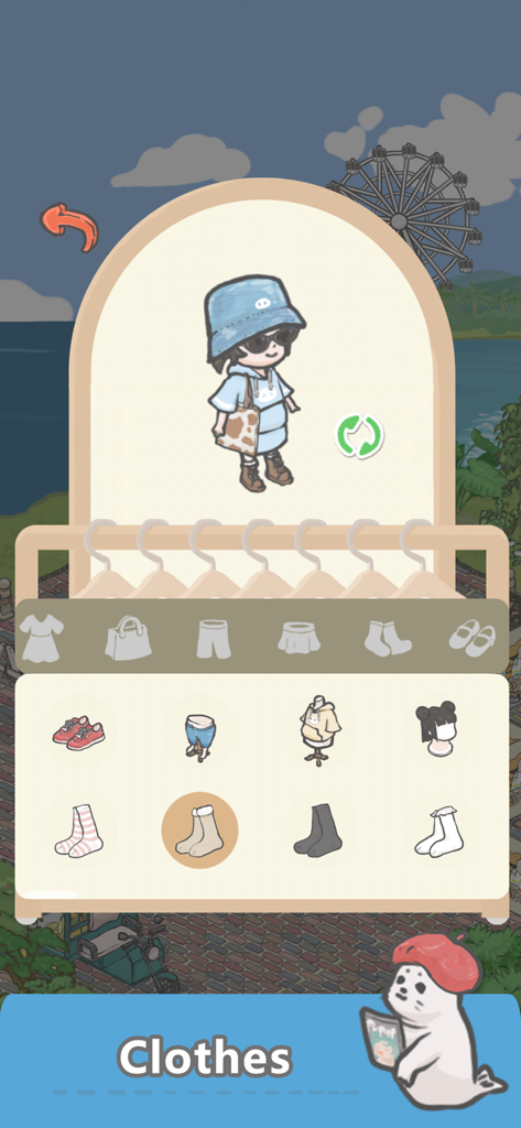 Tuana - A character customization screen in the Tuana app showing a girl avatar and a menu for selecting various clothes and accessories.