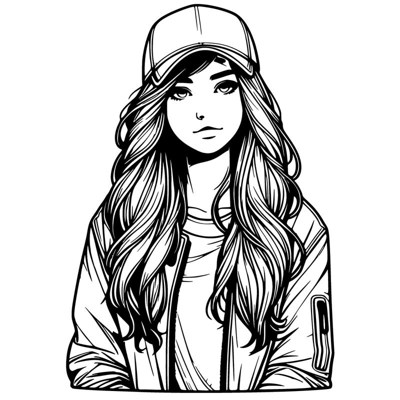realistic teenagegirl with jacket and wearing a cap on her head with longhair